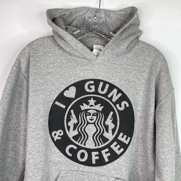 Gildan I love Guns And Coffee Grey Hooded Sweatshirt Size Medium - Picture 2 of 15